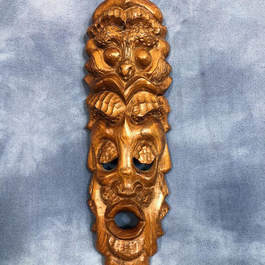 Vintage Hand Carved Wooden African Style Tiki Mask, 14&amp;quot; Long, Multi Faced Unique Chip Carved 