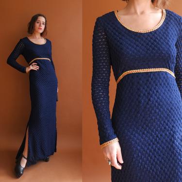 Vintage 70s Crochet Maxi Dress/ 1970s Navy Blue Long Sleeve Knit Dress with Gold Red Trim/ Size Small 