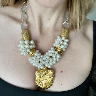 Massive Gold Shell &amp; Faux Pearl Statement Necklace