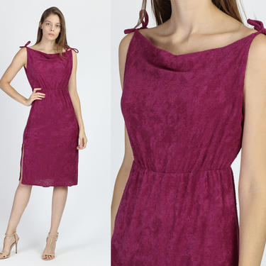 70s Purple Terrycloth Side Slit Sundress - Small to Medium | Vintage Spaghetti Strap Cowl Neck Boho Midi Dress 