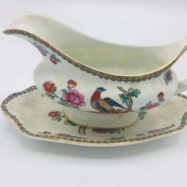 Vintage Whieldon Ware &amp;quot;Pheasant&amp;quot;  Pattern Gravy Boat  with  plate Winkle England - Excellent condition- early 1900's 