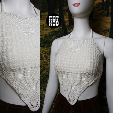 Beautiful Vintage 70s White Crochet Hippie Halter Summer Crop Top 