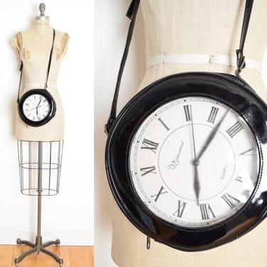 vintage 80s clock purse black vinyl shiny cross body handbag bag tote 