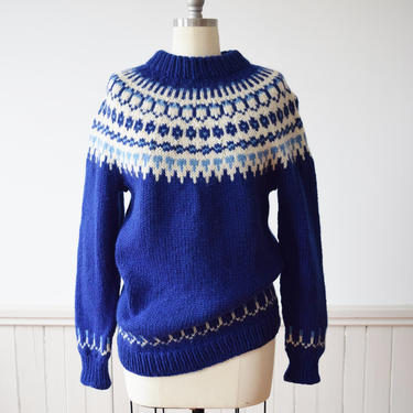 Chunky Blue Fair Isle Knit Sweater | 1980s Hand Knit Pullover | M 