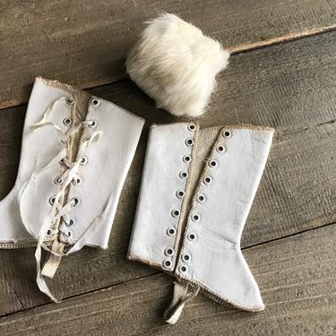 Antique Leather Doll Spats, Fur Muff, Accessories, French Baby Doll Clothes 