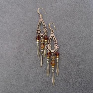 Amber crystal earrings, Gypsy earrings, boho chic earrings, rustic earrings, unique artisan,  antique bronze earrings, victorian style 