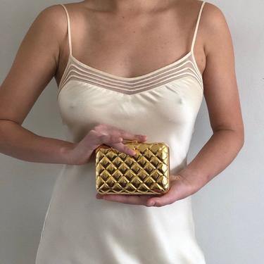 90s gold pillow top purse clutch / vintage gold metal miniaudiere hard case quilted gemstone purse / gold chain shoulder purse clutch 