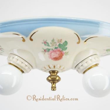 2-light ceramic ceiling fixture with floral and gilt accents, circa 1940s