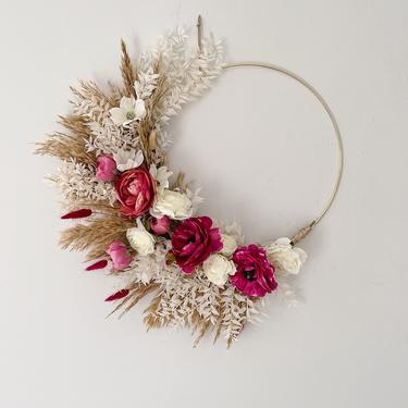 Dried Valentine's Day Wreath, Magenta Bunny Tail Wreath, Dried Flower Wreath, Pampas Grass Wreath, Mother's Day Gift, Boho Wall Hanging 