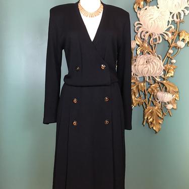 st John dress, black knit dress, vintage 80s dress, 1980s sweater dress, x large, double breasted, blouson dress, nautical style, 34 waist 