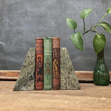 Vintage Bookends Retro 1970s Set of 2 Marble + Triangle + Wedge + Bookends + Green + Black + Gray + Stone + Bookshelf + Home + Office Decor 