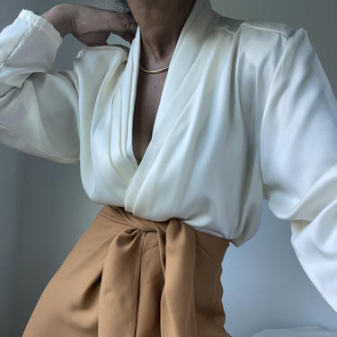 vintage pleated elegant plunging neckline billowing fit essential blouse 