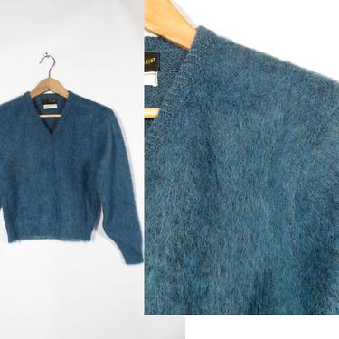 Vintage 60s Kids Dark Teal Blue Mohair Prep School V Neck Sweater Size 14 