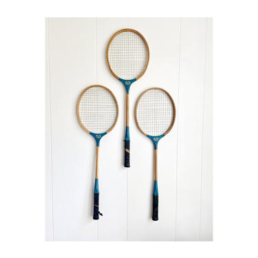 Set of 3- Vintage Blue Badminton Rackets, Pro Sports Logo, Wall Decor Sports Bar Game Room 
