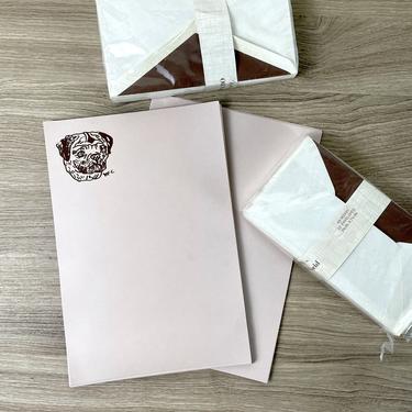 Silkscreen printed pug stationery set - 1970s vintage letter paper and envelopes 