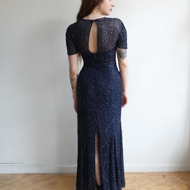 Vintage 80s Does 30s Beaded Sequin Gown/Navy Blue Silk Formal Long Dress with Soutache Beading/ Short Sleeve Deco / Small 