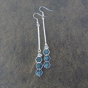 Long lava rock earrings, unique bohemian earrings, bold earrings, boho earrings, blue dangle earrings, geometric hexagon earrings, artisan 