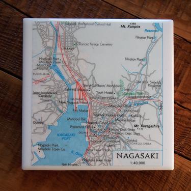 1974 Nagasaki Japan Vintage Map Coaster - Ceramic Tile - Repurposed 1970s Tourist Map  - Handmade - East Asia - Japanese 
