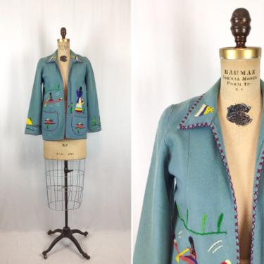 Vintage 50s jacket | Vintage blue wool embroidered jacket | 1950s Mexican souvenir jacket 