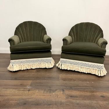 AVAILABLE: SET OF 2 Olive Green Velvet Arm Chairs 