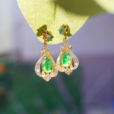 Vintage 14K Gold, Diamond &amp; Jadeite Drop Earrings, Gorgeous Yellow and White Gold Diamond Encrusted Dangle Earrings With Marbled Green Stone 