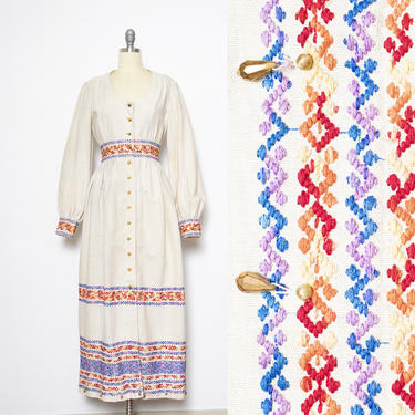 1960s Dress Embroidered Maxi Gown S 