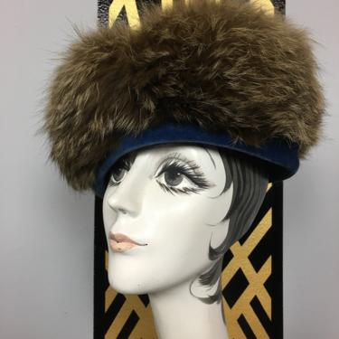 1950s fur hat, mid century, vintage hat, blue velvet hat, size 22, winter hat, millinery, mrs maisel style, avant-garde style, rockabilly 