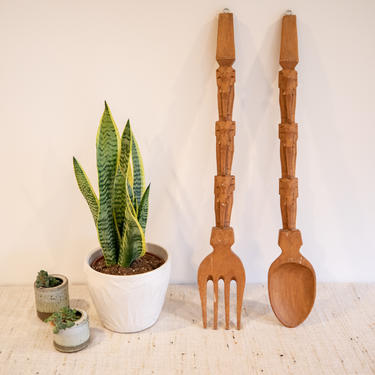 Large Solid Wood Mid-Century Hand Carved Fork and Spoon Set with Carved Elephant Detailing - Made in Africa 
