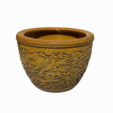 Chinese Ceramic Dragons Relief Motif Yellow Brown Color Pot Planter ws1396E 