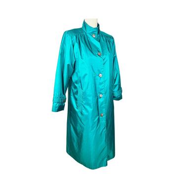 Vintage Trench Rain Coat Dark Teal Neon Teal Button Up Women's Coats &amp; Jackets Vintage Clothing Long Weather Coat Puffer Coat Teal Blue 