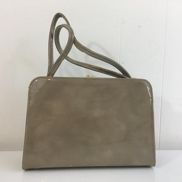 Vintage Theodor California Bag Patent Structured Handbag 1950s 1960s Cocktail Purse Satchel Gray Tan Kisslock Gold 