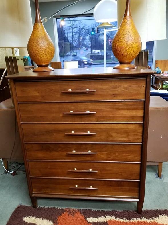 Mid-Century Modern walnut highboy with gold accents