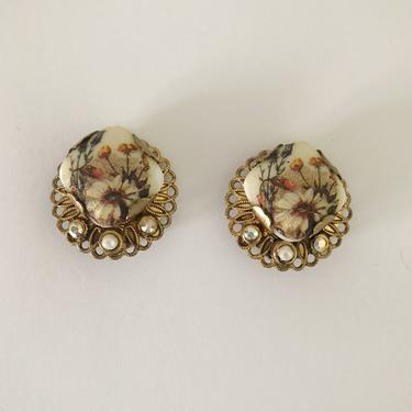 Vintage Gold-Toned, Floral, Filigree and Rhinestone Clip-On Earrings - 1970s 