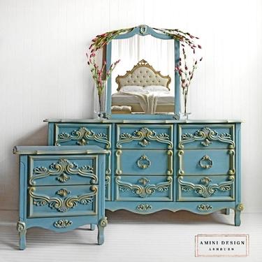SOLD - Dresser Set - Beautiful Blue Dresser, Mirror &amp; Nightstand Painted Furniture 