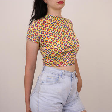 90s Crop Top/ Mod Neck Crop Top/ Bright Color Top with Bold Pattern/ Sexy Mod Retro Top/ Size Small/ Size Medium 