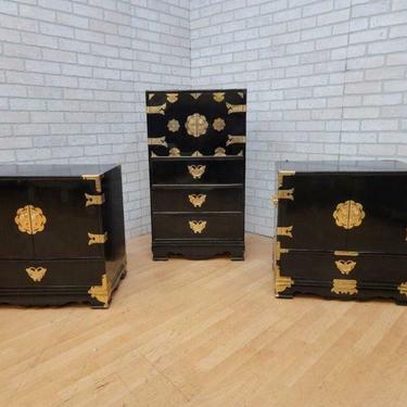 Vintage Hollywood Regency Chinoiserie Black Campaign Style Ebonized Storage Dresser Chest and a Pair of Cabinets - Set of 3