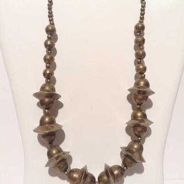 Vintage Ethnic Handcrafted Brass Metal Saucer Dome Beaded Necklace 10&quot; 