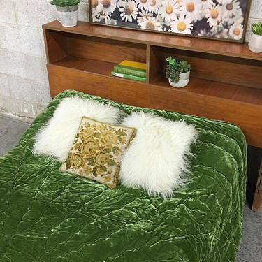 Vintage Velour Bedspread 1960s Retro King - Queen Size 108x90 Green Velour Fabric Bedspread + Blanket + Bedroom + Bedding + Dupont + Dacron 