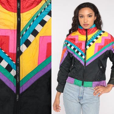 Color Block Ski Jacket 80s Neon Puffer Jacket Retro Geometric Blue Pink Yellow Red Green Striped Puffy Winter Coat Puff Small xs s 
