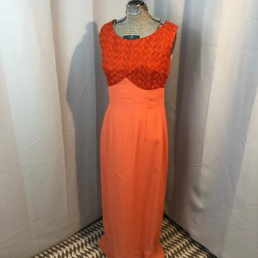 1960s Vintage Orange Lace Formal Gown Empire waist S 