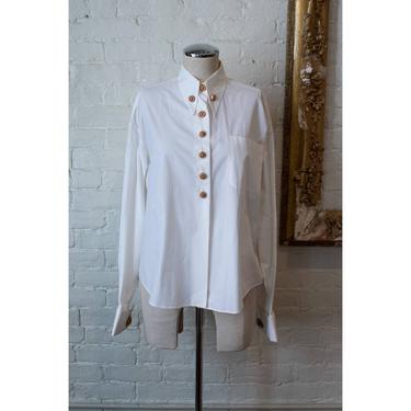 1990's | Romeo Gigli | Crisp White Blouse with Decorative Buttons 