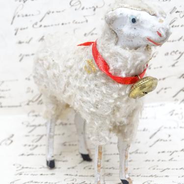 Antique 1930's German 3 1/4Inch Wooly Sheep with Bell, for Christmas Putz or Nativity Creche, Vintage Toy Lamb Germany 
