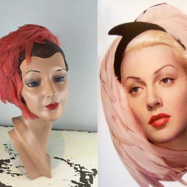 Cotton Club Acts - Vintage 1920s Massive Full Coral Orange Pink Headband Plumes Framing Down 