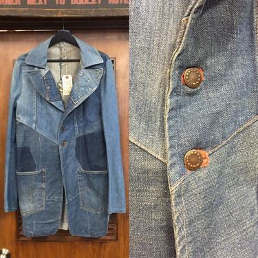 Vintage 1970’s Peak Lapel Denim Patchwork Blazer Jacket, Vintage Coat, Recycled Denim, Vintage Clothing 