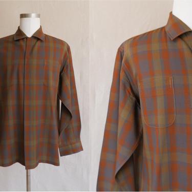 Vintage 50s Loop Collar Plaid Wool Shirt/ 1950s Japanese Navy Exchange Long Sleeve Button Up/ Rockabilly/ Size X Large XL 