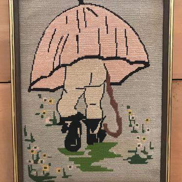 Charming Framed Cross Stiched Boy and Girl Baby Bottoms with Umbrellas, Sold as a Pair, Ready to Hang. 