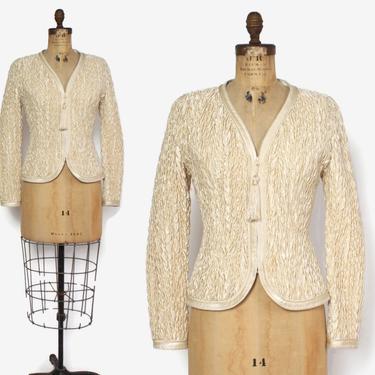 Vintage 80s Jeanne Marc Jacket / 1980s Ivory Shimmer Textured Pucker Zip Front Blazer by luckyvintageseattle