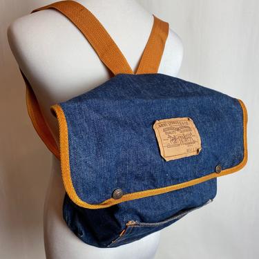Vintage Levi’s backpack~ dark denim 1970’s levis brand tote~ school bag~ vtg denim 