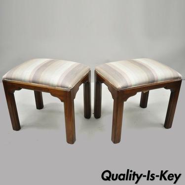 Pair of Ethan Allen Cherry Wood Upholstered Georgian Style Stool Benches