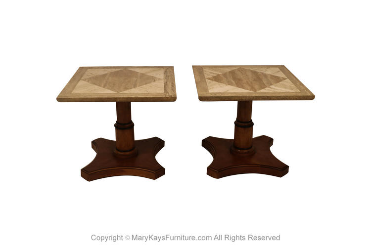 Pair Baker Furniture Marble Walnut Side Tables 